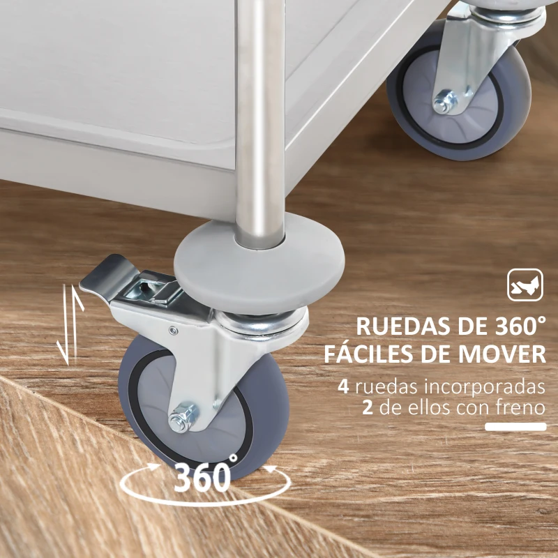 HOMCOM Carrito de Cocina de Acero Inoxidable con 2 Bandejas y 2 Brazos para Comedor Salón 80x45x82 cm Plata