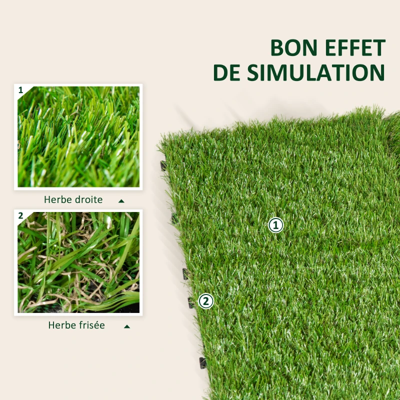 Outsunny Gazon synthétique Artificiel Set de 20 Dalles Carreaux 30 x 30 cm épaisseur Confort 3,5 cm à emboîter Vert