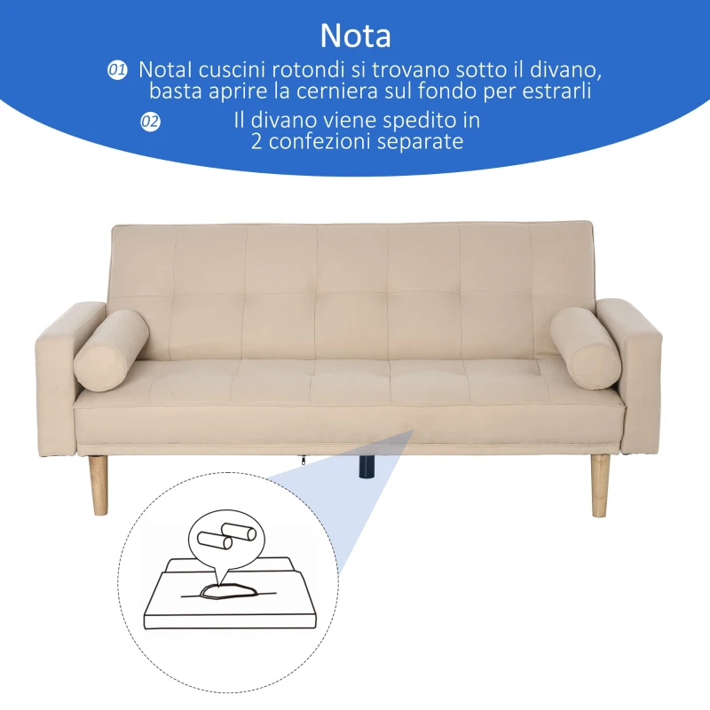 HOMCOM Divano Letto 3 Posti con Schienale Regolabile su 3 Livelli, 2 Cuscini e Braccioli Rimovibili, Beige, 185x84x85cm