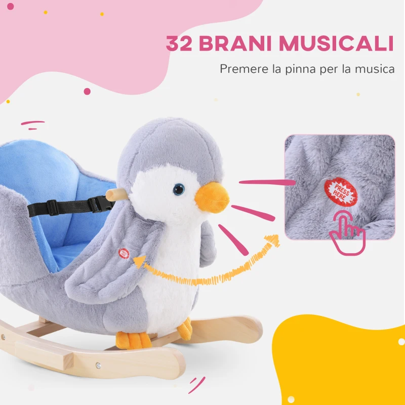 HOMCOM Cavallo a Dondolo a Pinguino in Peluche con 32 Musiche e Cintura di Sicurezza, Età 18 Mesi