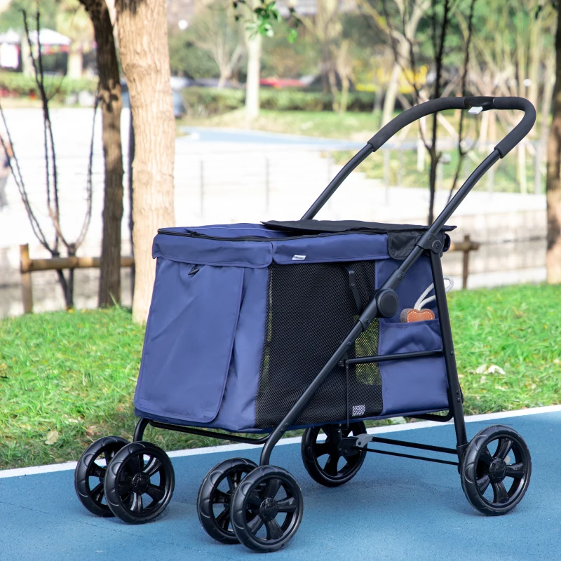PawHut Dog Pram Dog Stroller 4 Wheels Pet Pushchair with Rolling Door, Cushion, Safety Leashes, for Small and Medium Breeds, Dark Blue