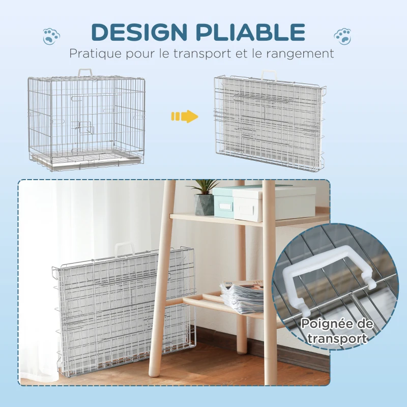 PawHut Cage pour chien pliable en fil métallique avec plateau amovible 1 porte avec serrure 61 x 43 x 50 cm blanc