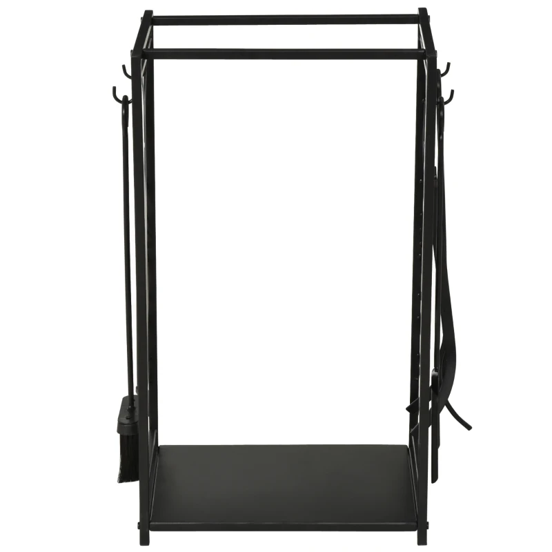 HOMCOM Potalegna per Camino in Acciaio e Antiruggine, Porta Legna per Interni ed Esterni con Design Elegante e 4 Attrezzi, 46x30x70 cm, Nero