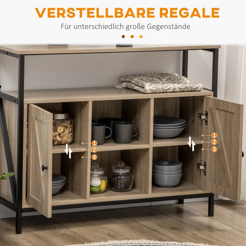 HOMCOM Sideboard im Industriedesign, 2 Schränke, 2 Regale. 1 Ablagefach, 100 cm x 30 cm x 80 cm, Natur + Schwarz