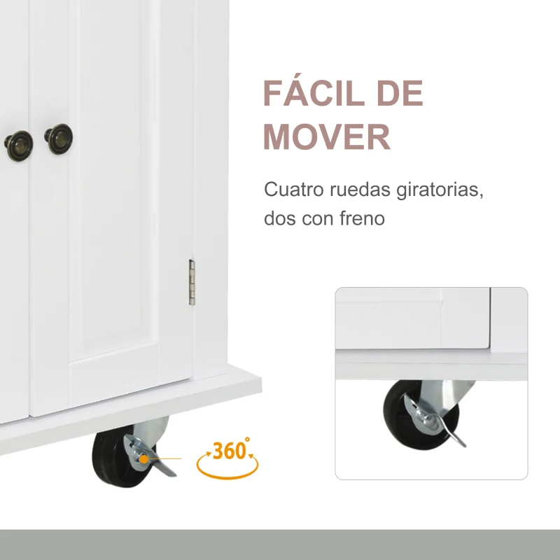 HOMCOM Isla de Cocina con Ruedas Mueble Auxiliar de Cocina con Especiero y Barra Lateral 111x44,5x82,5 cm Blanco