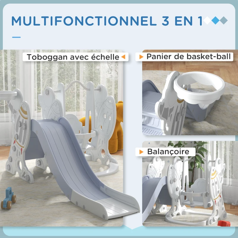 AIYAPLAY Portique enfant toboggan et balançoire avec panier de basket-ball aire de jeux 3 en 1 185 x 150 x 92 cm gris