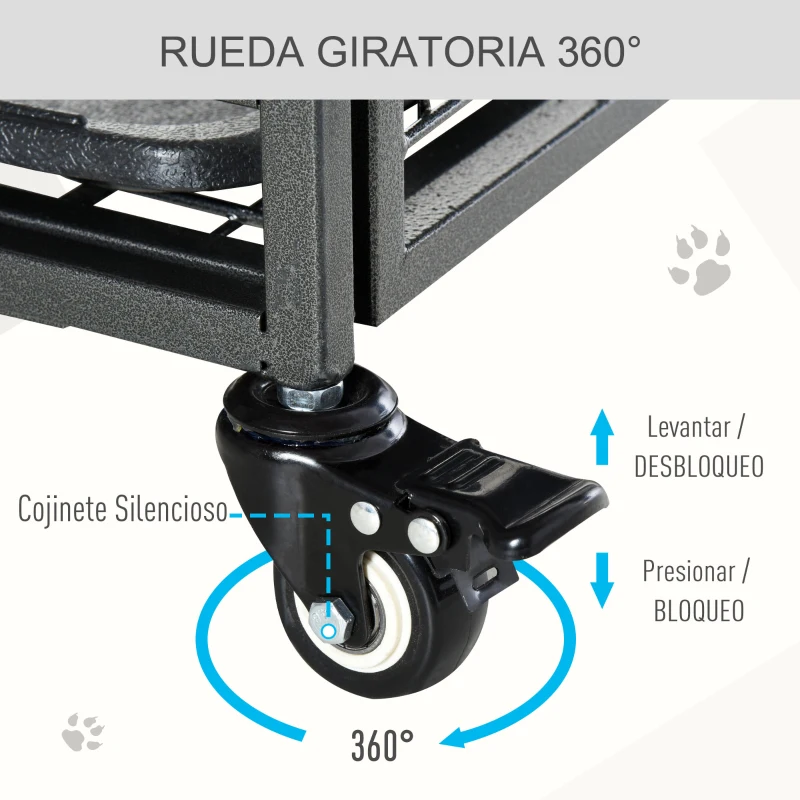 PawHut Jaula para Perros Plegable de Metal Jaula para Perros Grandes 125x76x81 cm con Ruedas y Frenos Bandeja Extraíble y Puerta con Pestillos para Golden Retriver Labrador Gris Oscuro