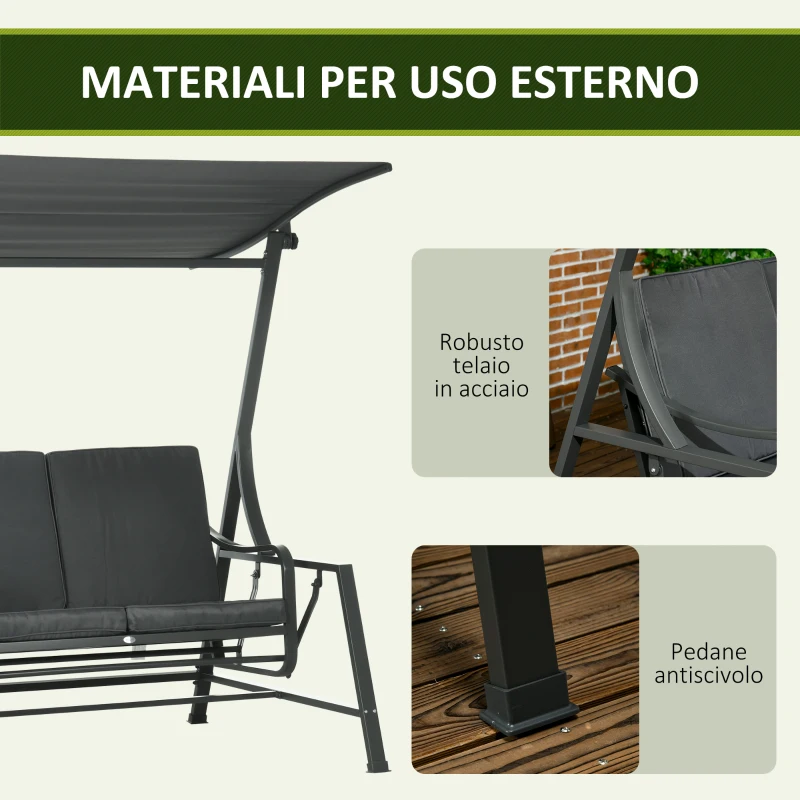 Outsunny Dondolo da Giardino 2 Posti in Acciaio con Tettuccio Inclinabile e Cuscini, 148x129x172 cm