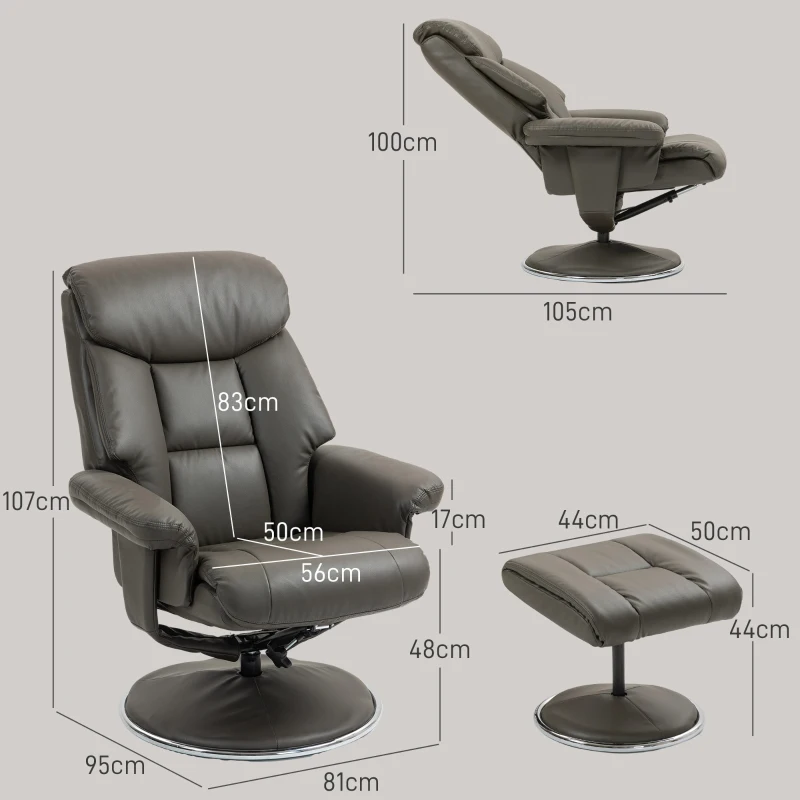 HOMCOM Relaxsessel mit Hocker, Rückenlehne verstellbar, Kunstleder, bis 150 kg, Grau(m-3)