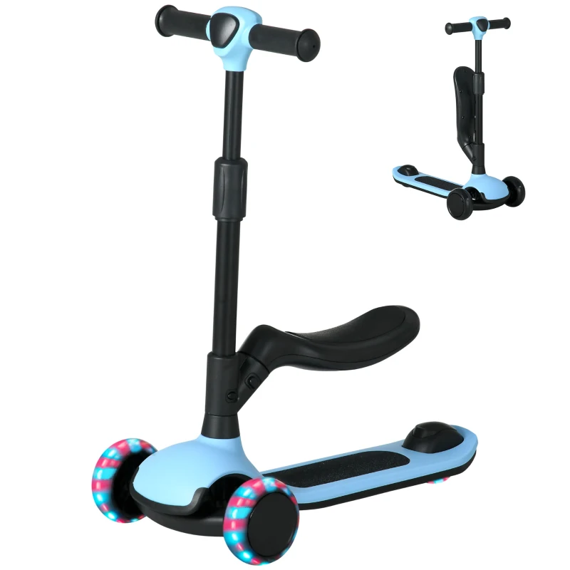 AIYAPLAY Patinete para Niños 2 en 1 con Altura Ajustable Ruedas Brillantes para +18 Meses Carga 50 kg 58x31x64-79cm Azul