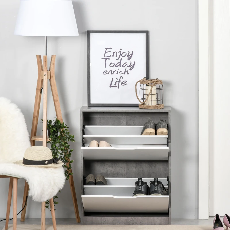 HOMCOM Meuble à chaussures meuble d'entrée placard de rangement, 2 portes abattantes, 62,5 x 26 x 81 cm, gris et blanc