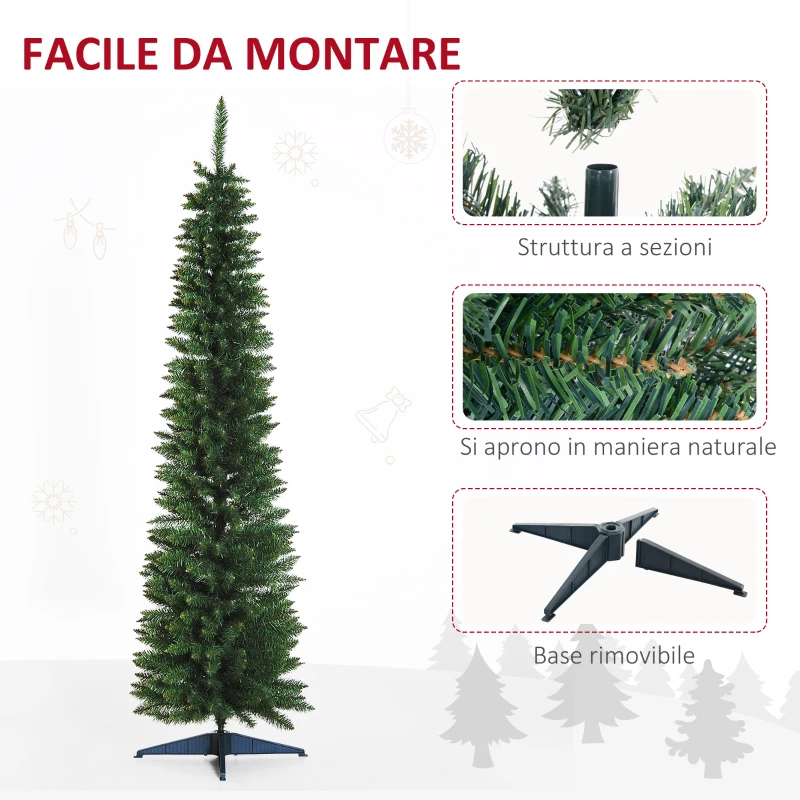 HOMCOM Albero di Natale Slim Artificiale 210 cm con Rami Realistici, Albero di Natale Alto e Stretto con Base Pieghevole, Verde