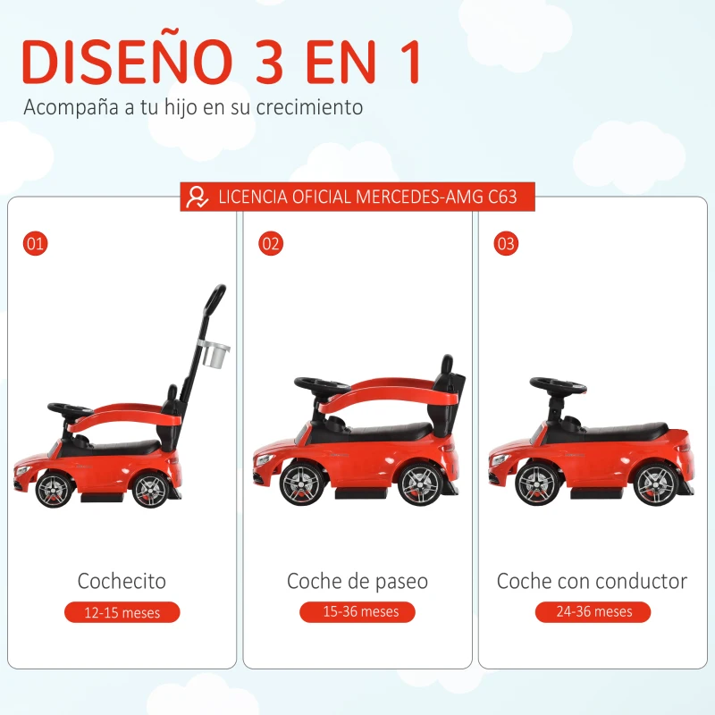 HOMCOM MERCEDES-AMG C63 Correpasillos con Asa de Empuje para Bebé con Barandilla de Seguridad Música Bocina 84x40x83 cm Rojo