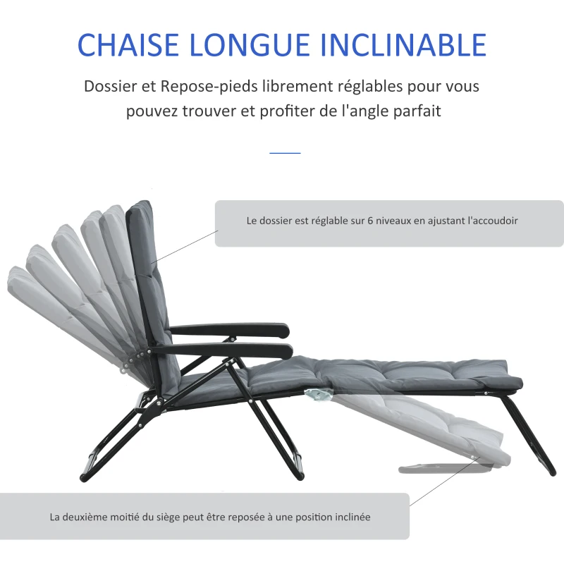 Outsunny Bain de soleil pliable transat inclinable 6 positions grand confort avec matelas + accoudoirs acier polyester gris
