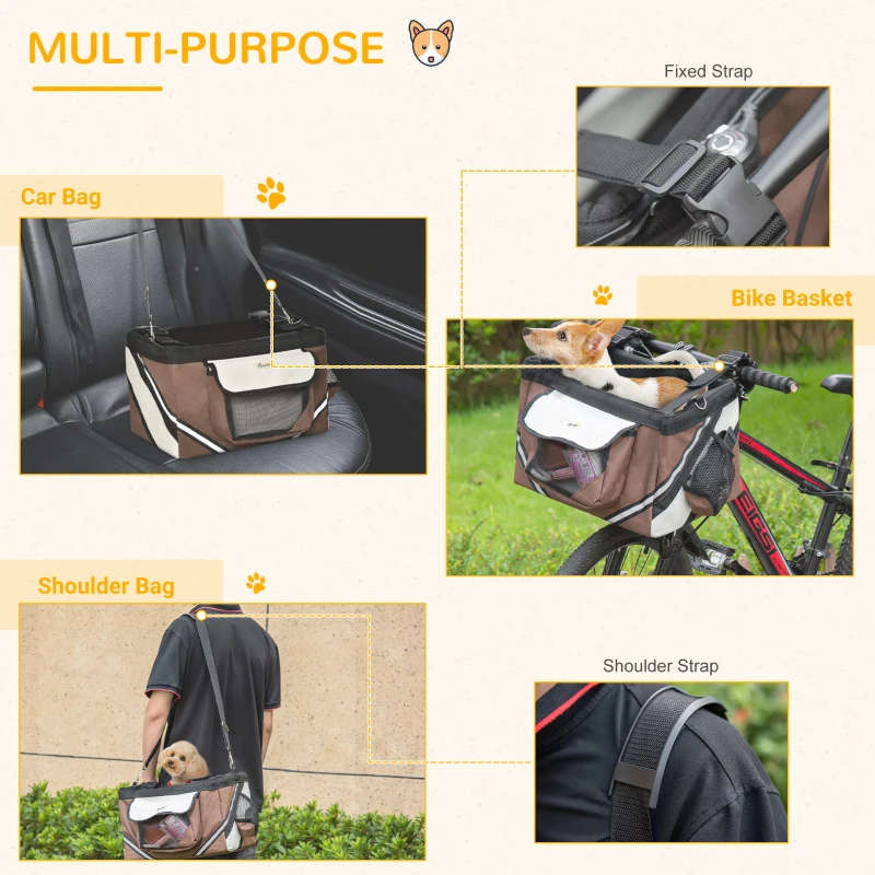 PawHut Dog Bike Basket Bicycle Carrier 3 in 1 Shoulder Bag Car Travel Carrier w/ Storage Pockets for Cats Puppy Small Dogs Brown