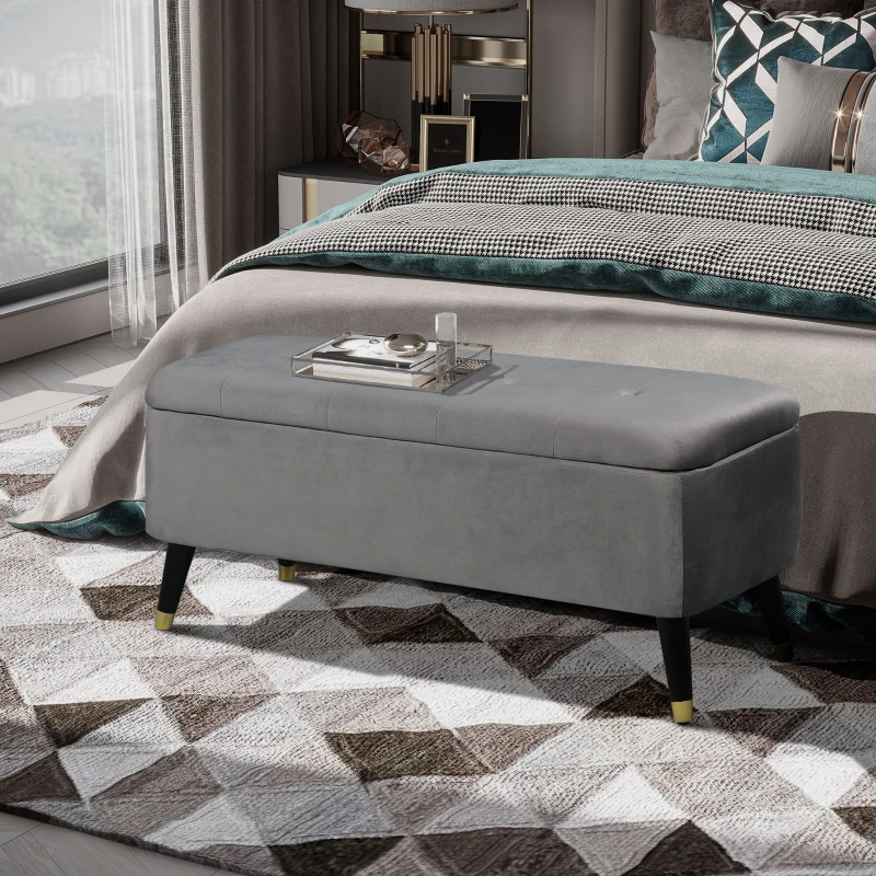 HOMCOM Banc de rangement, bout de lit, coffre de rangement, repose-pieds en velours côtelé avec couvercle, pour salon, chambre, entrée, 117 x 44 x 50 cm, gris