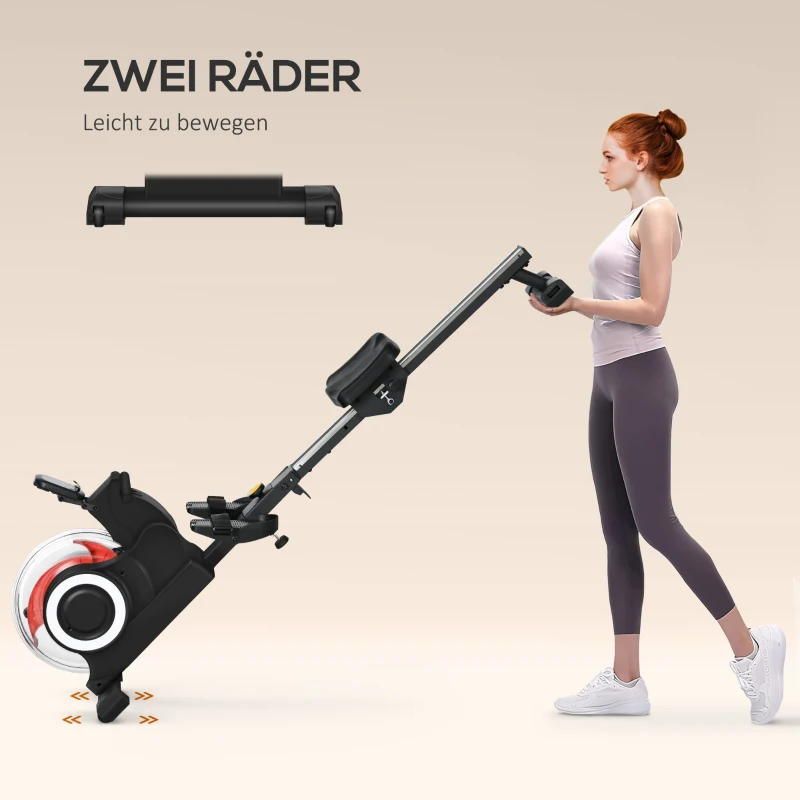 SPORTNOW Wasserrudergerät, klappbar, 6 Widerstände, Display, Handyhalterung, bis 120kg, Metallgestell, Schwarz