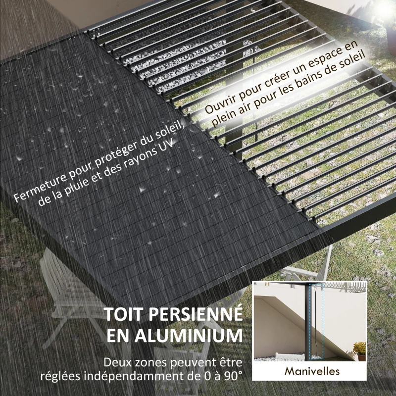 Outsunny Pergola 3 x 3 m bioclimatique tonnelle avec lames orientables manivelle, style contemporain UV, aluminium - noir