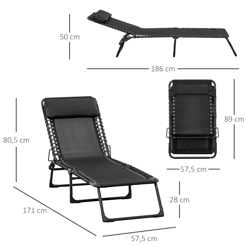 Outsunny Bain de soleil transat pliable dossier inclinable multi-positions têtière fournie métal époxy textilène noir