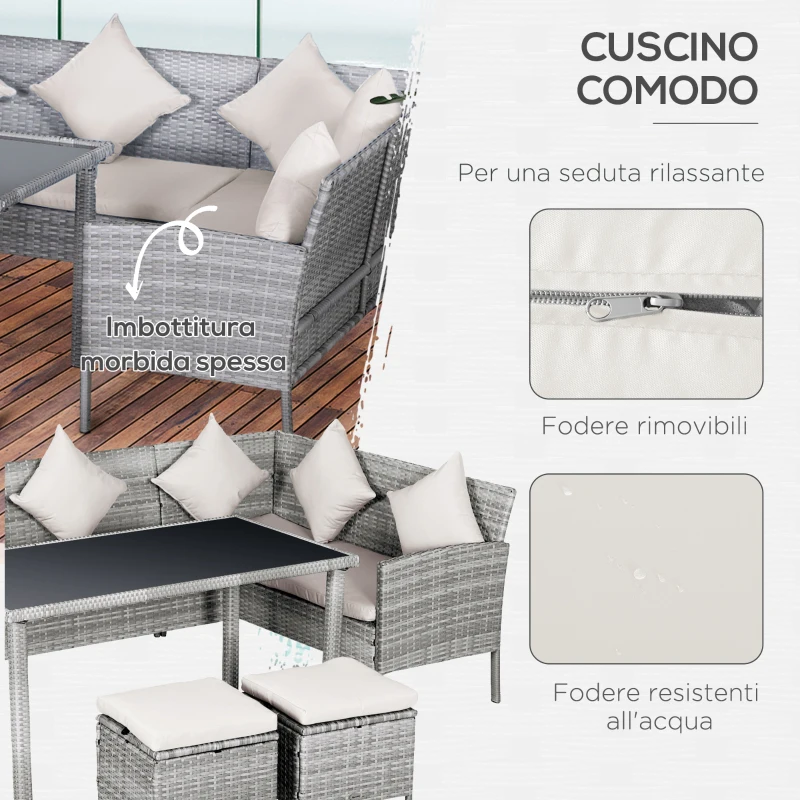 Outsunny Set da Giardino a 5 Pezzi in Rattan e Acciaio Grigio con 2 Divani, Tavolino e 2 Sgabelli