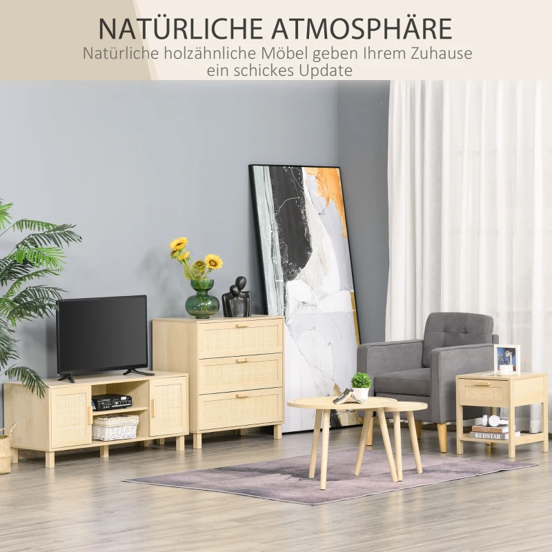 HOMCOM Nachttisch Nachtschrank Beistelltisch natürlicher Nachtkommode mit Schublade offenen Ablage Rattan-Design MDF Natur 40 x 40 x 48 cm