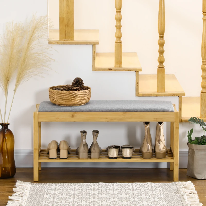 HOMCOM Banco Zapatero de Bambú Zapatero con Asiento Tapizado para 3 Pares de Zapatos con Estante de Listones 90x30x46cm Natural