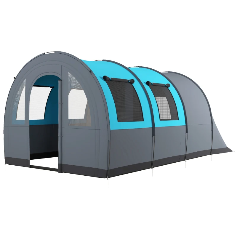 Outsunny Six Man Duo Room Tunnel Tent, with Accessories - Grey/Blue