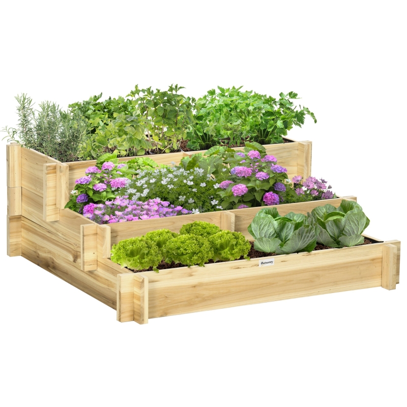 Outsunny Hochbeet, Blumenkasten, 3-stufig, Drainageffnung,  Stoffauskleidung, Naturholz, 93 x 93 x 35 cm | Aosom.de