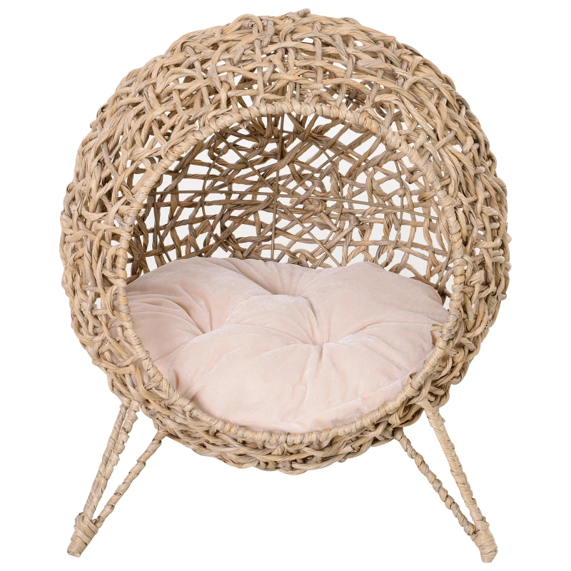 PawHut Cama Cueva de Ratán para Gatos o Mascotas Pequeña con Base Trípode Cojín de Felpa y Algodón Suave Diseño Elevado Estable Φ52x58 cm Madera Natural