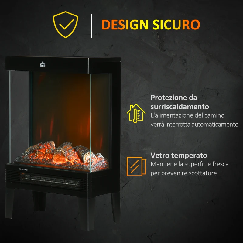 HOMCOM Camino Elettrico 1000W / 2000W con Fiamma LED Realistica e Controllo Temperatura, 40.5x20x62 cm, Nero