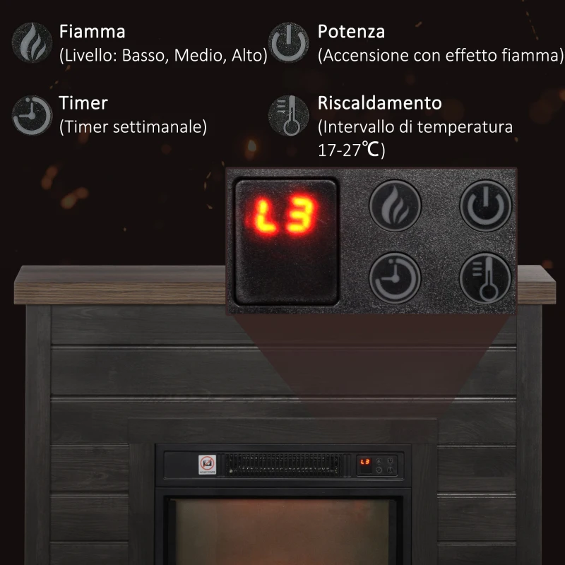 HOMCOM Camino Elettrico 1800W con Effetto Fiamma e Telecomando, in Legno, Metallo e Vetro, 96.5x22x81.7 cm, Grigio Scuro