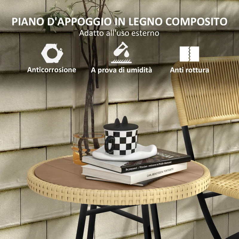 Outsunny Tavolino da Giardino Moderno in Rattan e Acciaio, 50x50x55 cm, Nero e color Legno