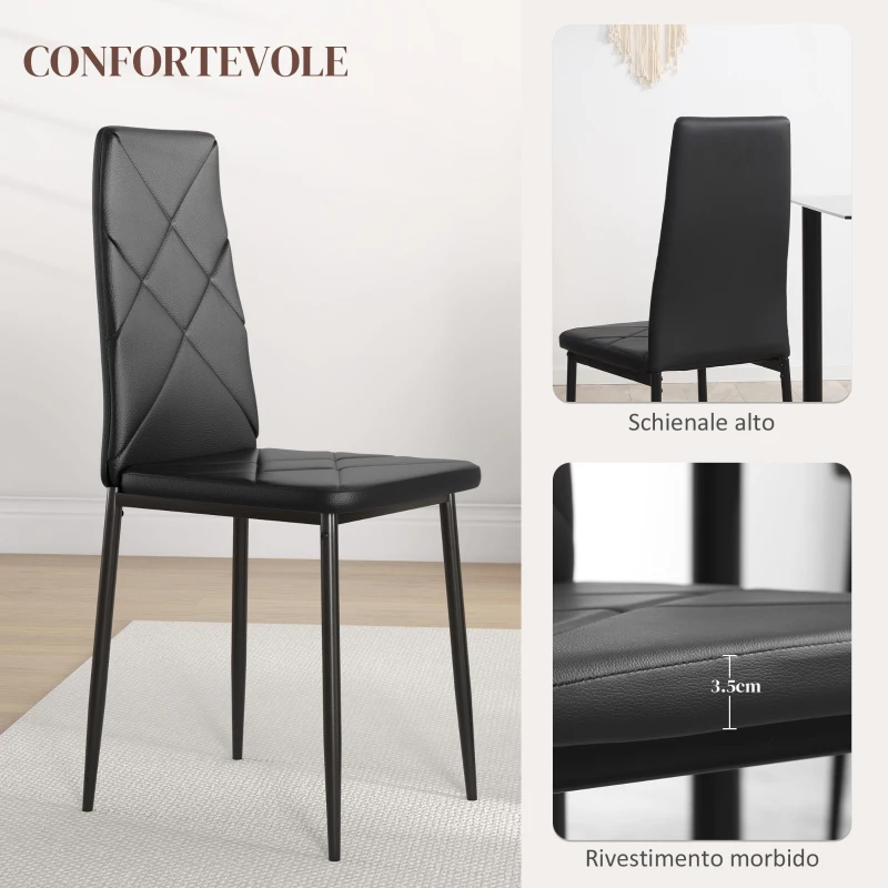 HOMCOM Set di 2 Sedie da Pranzo Moderne con Schienale Alto in Finta Pelle e Acciaio, 41x50x97 cm, Nero