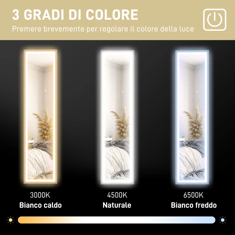 HOMCOM Specchio Illuminato con Luci LED Regolabili e Pulsante Touch, in Vetro e MDF, 40x5x160 cm, Grigio