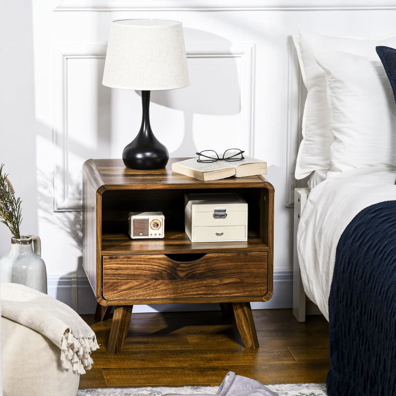 HOMCOM Nachttisch im Retrodesign, 1 Schublade, 1 Aufbewahrungsfach 50 cm x 40 cm x 50 cm Nussbraun