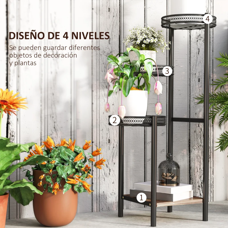 Outsunny Soporte para Plantas de 4 Niveles Soporte de Acero para Macetas Interior y Exterior 25x25x80 cm Negro