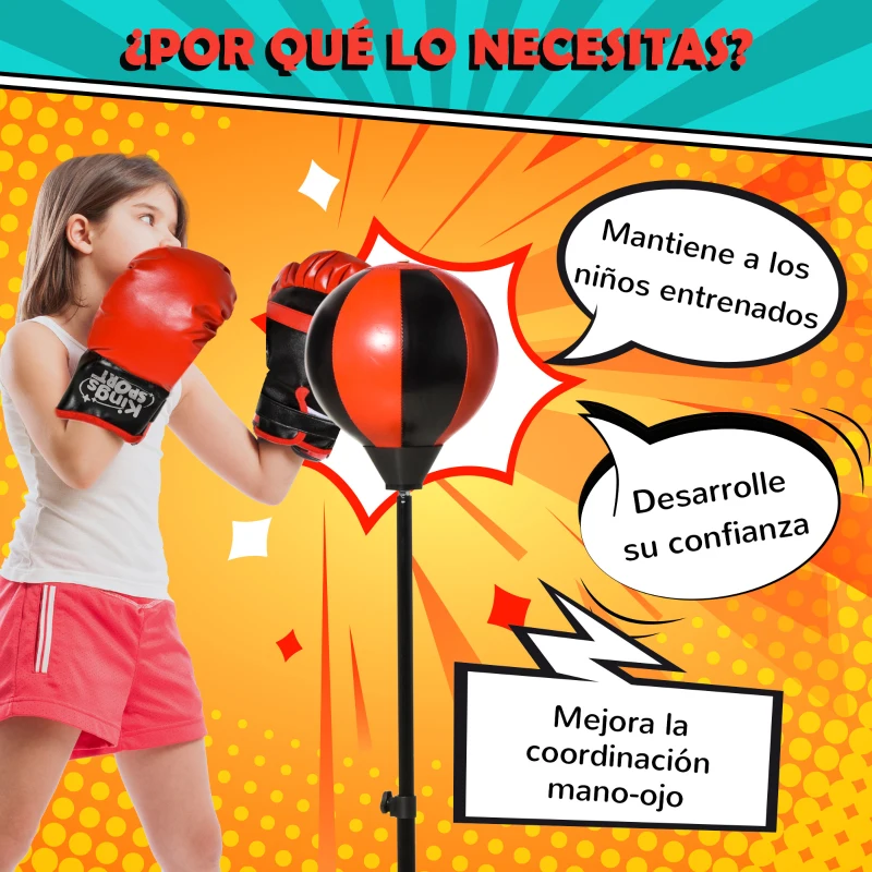 HOMCOM Saco de Boxeo para Niños Altura Ajustable con Guantes Soporte Estable Resorte de 360 Grados 38x38x78-120cm Negro y Rojo