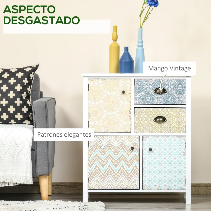 HOMCOM Cómoda para Dormitorio Bohemio con 2 Cajones 3 Compartimentos Diseño Anti-vuelco 68x34x80 cm Blanco
