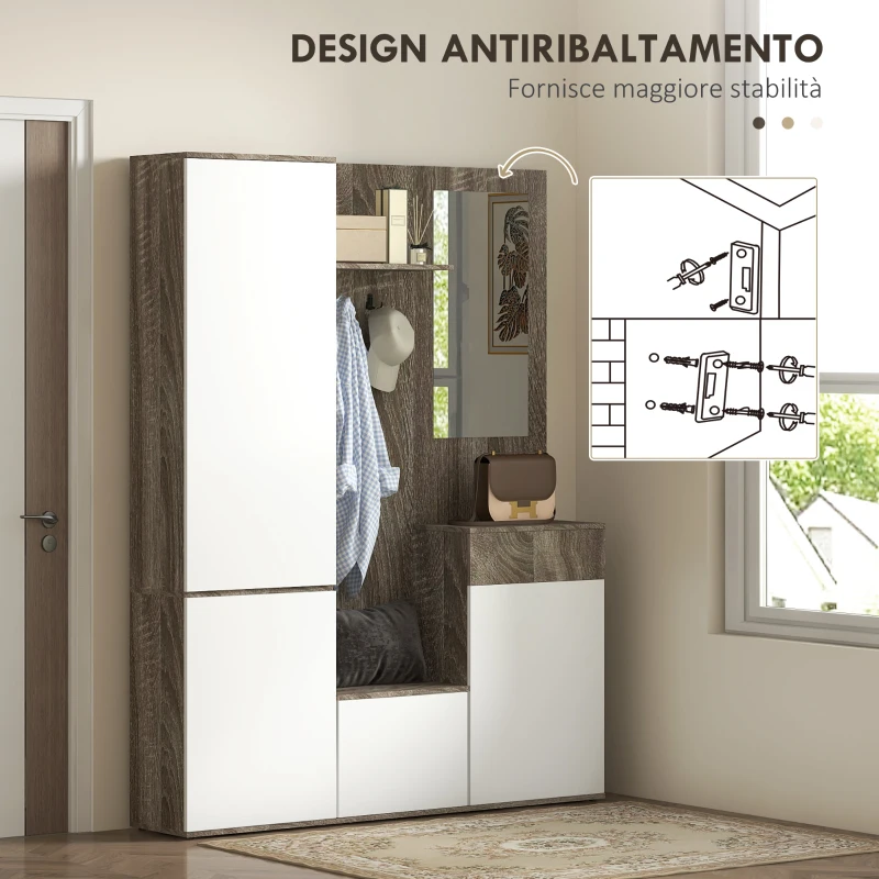 HOMCOM Mobile da Ingresso 4 in 1 con Specchio, Ganci e Ripiani Interni, in Legno, 145x29x184 cm, Nero e Bianco
