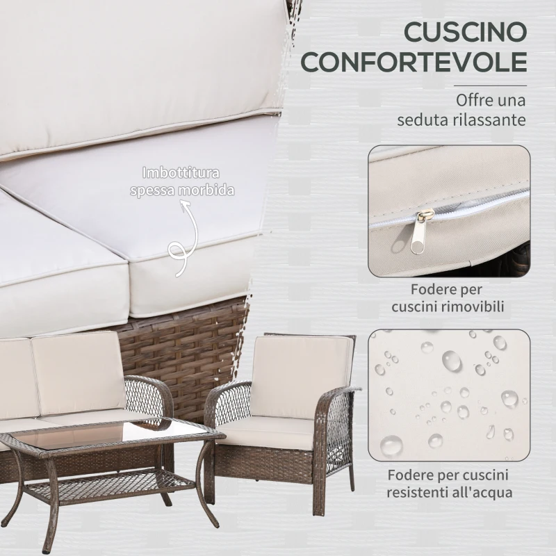 Outsunny Set Mobili da Giardino in Rattan Marrone, Set Tavolino, Sedie e Divano da Esterno 4Pz con Cuscini Imbottiti Cachi
