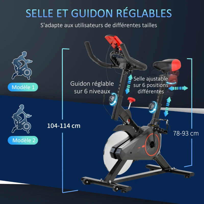 HOMCOM Vélo d'appartement vélo de Fitness avec écran LCD multifonctions capteur de fréquence cardiaque selle et guidon réglables poids volant inertie 6 Kg acier noir et rouge