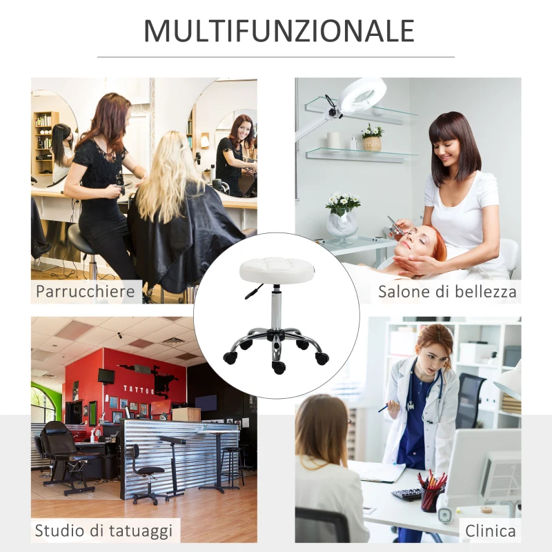 HOMCOM Sgabello Girevole Rotondo con Ruote, Altezza Regolabile e Rivestimento in Finta Pelle, Bianco