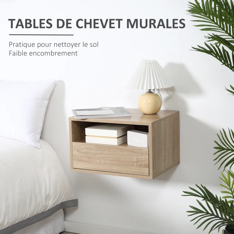 HOMCOM Lot de 2 Tables de Chevet murales - Lot de 2 Tables de Nuit - tiroir Coulissant, Niche, Plateau - Panneaux Particules Aspect chêne Clair