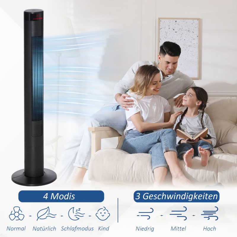 HOMCOM Turmventilator leise mit Fernbedienung 117 cm 70° Oszillierende Ventilator Standventilator mit 4 Modi, 3 Geschwindigkeiten, 12 Std.-Timer, LED-Anzeige, Schwarz