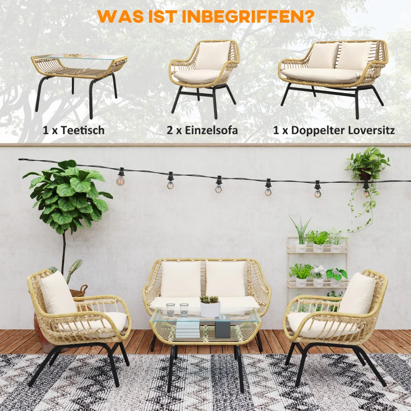 Outsunny Sitzgruppe, Outdoor Sitzgarnitur, Gartenmöbel Set mit Beistelltisch, Metall, Rattan, Beige, 118 x 69 x 73 cm