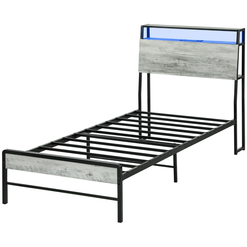 HOMCOM Single Steel Bed Frame, with LED Lights and Headboard Shelf - Grey