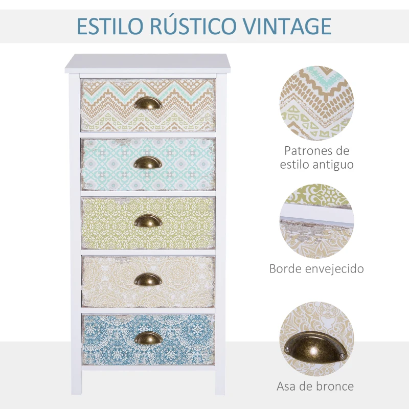 HOMCOM Cómoda con 5 Cajones con Frontales Estampados y Tiradores Vintage Mueble Cajonera para Salón 46x34x97,5 cm Multicolor(m-6)