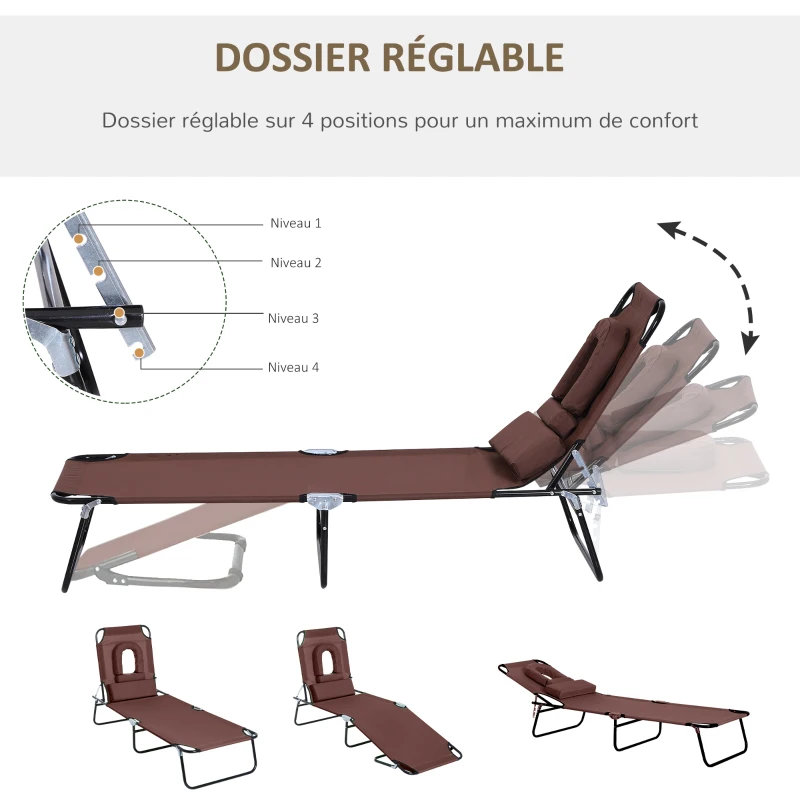 Outsunny Bain de Soleil Pliable transat inclinable 4 Positions Chaise Longue 3 Coussins fournis Marron