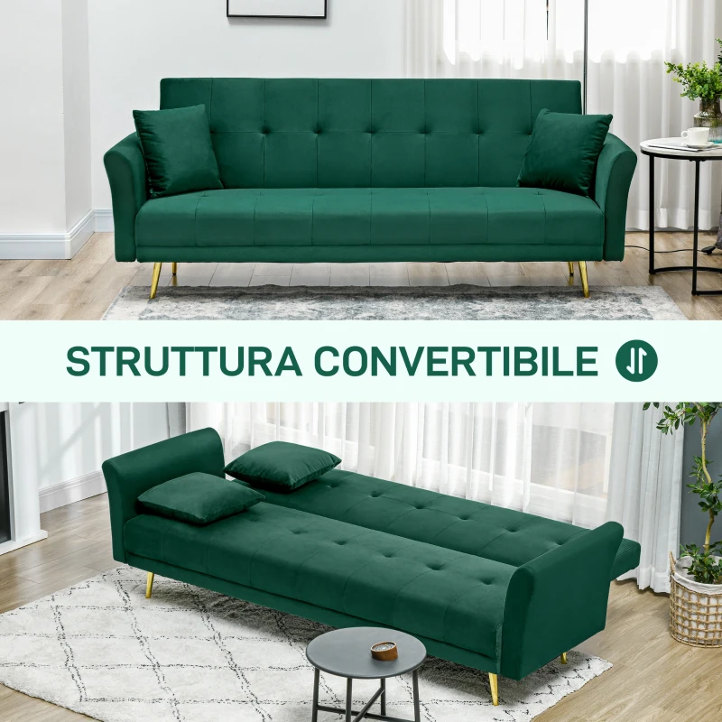 HOMCOM Divano Letto Clic Clac con Schienale Regolabile e 2 Cuscini, in Tessuto Effetto Velluto, 215x83x87 cm, Verde