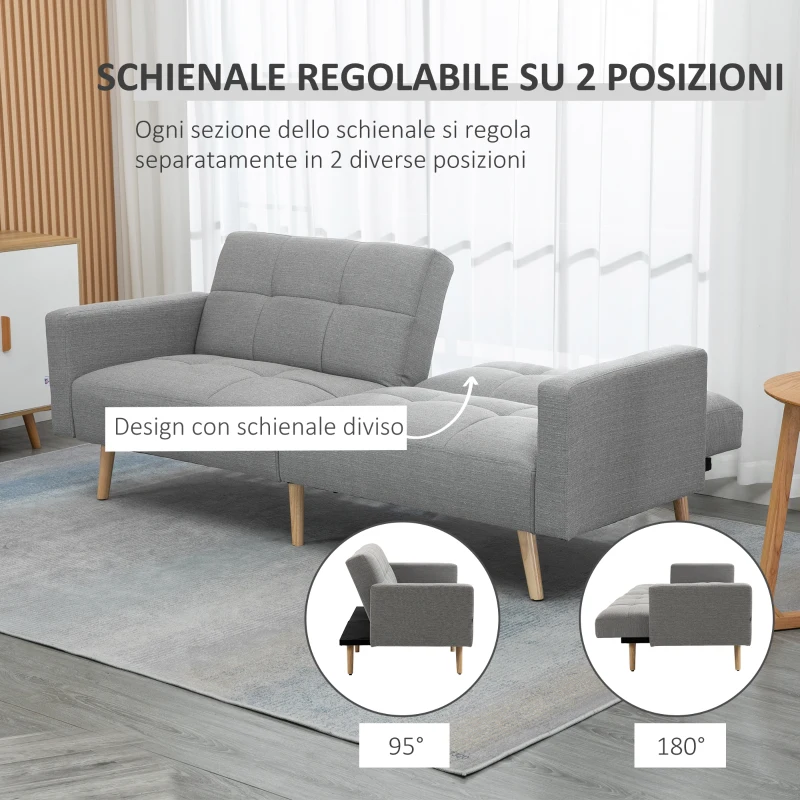 HOMCOM Divano Letto Matrimoniale con Tessuto Traspirante Effetto Lino e Schienale Regolabile, 205x88x80 cm, Grigio